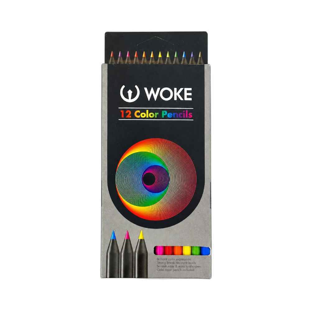مدادرنگی 12 رنگ ووک (Woke) جعبه مقوایی چوب مشکی - بسته 12 تایی